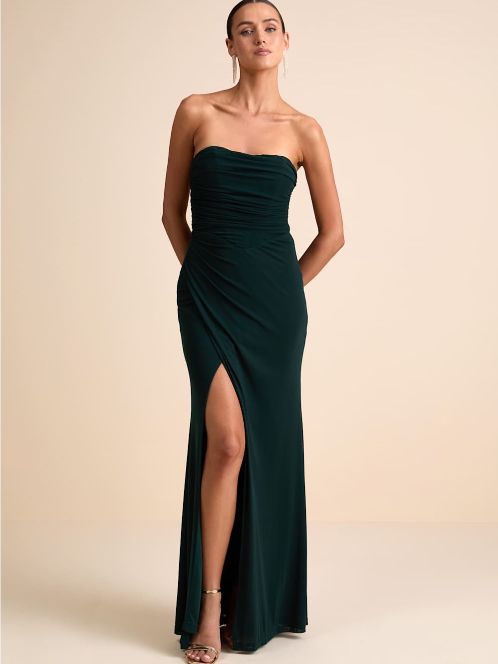 Lulus Epitome Of Allure Emerald Green Strapless Ruched Tulip Maxi Dres Size S